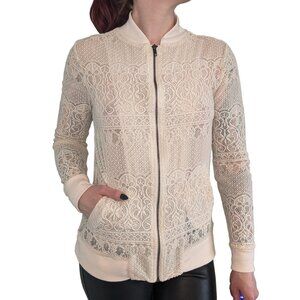Living Doll Cream Lace Zippered Bomber Jacket Style Cardigan | M